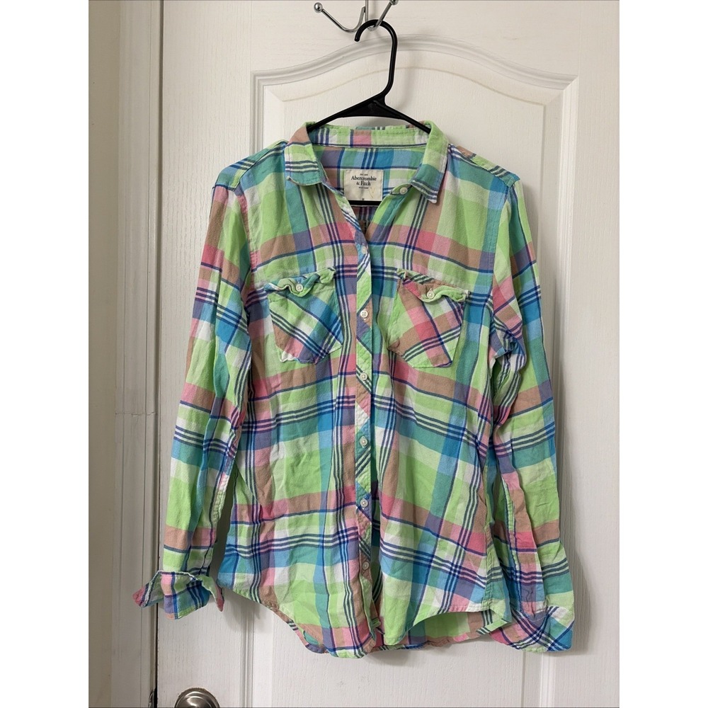 Abercrombie and Fitch Women's M Green, Pink Blue Plaid Flannel Shirt 100% Cotton